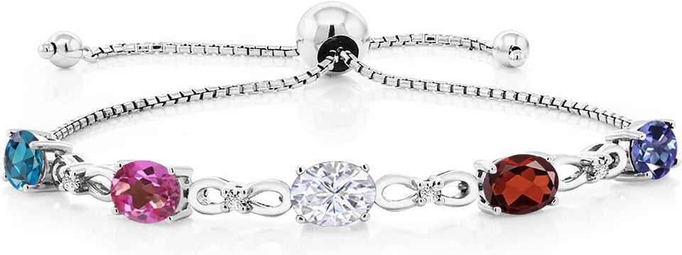 Gem Stone King 925 Sterling Silver Build Your Own Personalized 5 Birthstones and White Lab Grown Diamond Tennis Bracelet For Women Adjustable up to 9 Inches