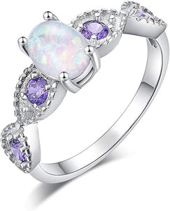 CiNily 18K Gold Plated Opal Ring-White Fire Opal & Amethyst & Cubic Zirconia Women Jewelry Gemstone Engagement Anniversary Ring Size 5-13