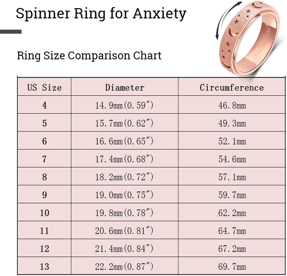 OreilleStar Anxiety Ring for Women Spinner Ring Stainless Steel Fidget Toys Adults Fidget Spinner Ring Moon Star Rose Gold Size 6