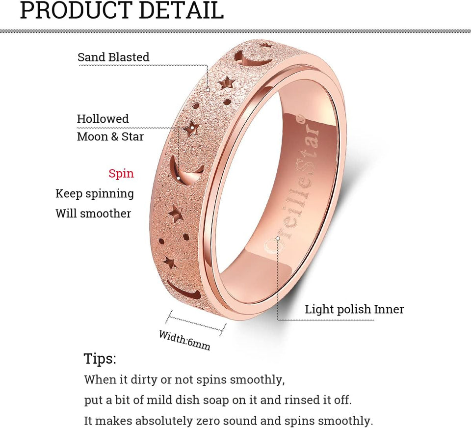 OreilleStar Anxiety Ring for Women Spinner Ring Stainless Steel Fidget Toys Adults Fidget Spinner Ring Moon Star Rose Gold Size 6