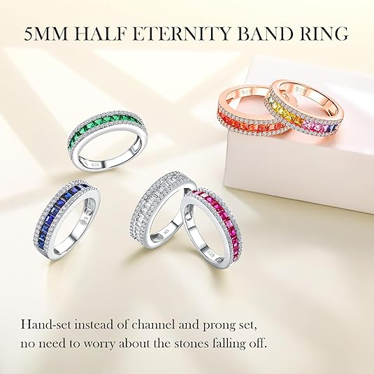 Half Eternity Wedding Band Sterling Silver Created Gemstone 5mm Wide Channel Set Band Rings for Women Men Anniversary Birthstone Ring Size 6 to 10 (with Gift Box)