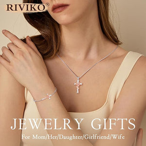 RIVIKO 925 Sterling Silver Cross Birthstone Bracelets for Women Cross Rose Bracelet Trendy Adjustable Link Mothers Day