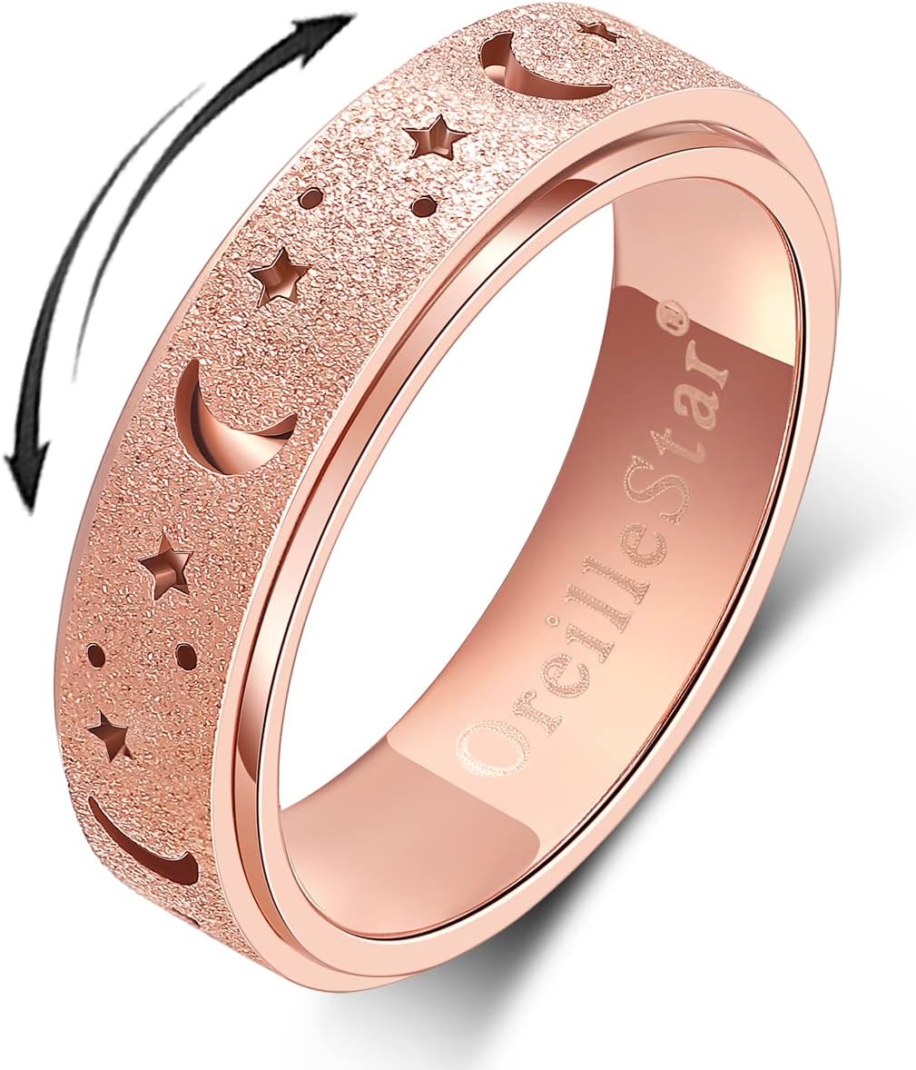 OreilleStar Anxiety Ring for Women Spinner Ring Stainless Steel Fidget Toys Adults Fidget Spinner Ring Moon Star Rose Gold Size 6