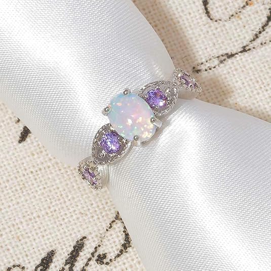 CiNily 18K Gold Plated Opal Ring-White Fire Opal & Amethyst & Cubic Zirconia Women Jewelry Gemstone Engagement Anniversary Ring Size 5-13