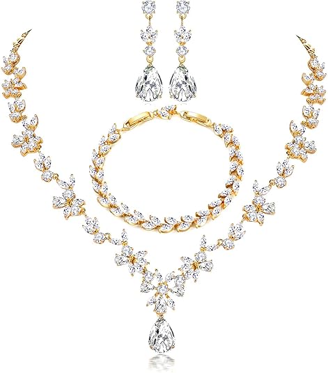 Hadskiss Jewelry Set for Women, Necklace Dangle Earrings Bracelet Set, Jewelry Set with White AAA Cubic Zirconia