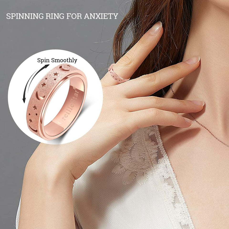 OreilleStar Anxiety Ring for Women Spinner Ring Stainless Steel Fidget Toys Adults Fidget Spinner Ring Moon Star Rose Gold Size 6