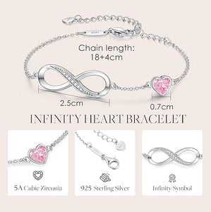 CDE Infinity Heart Birthstone Charm Link Bracelet for Women 925 Sterling Silver Adjustable Christmas Mother's Day Gift Anniversary Jewelry Birthday Gifts for Women Wife Girlfriend Her