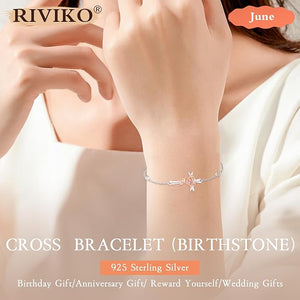 RIVIKO 925 Sterling Silver Cross Birthstone Bracelets for Women Cross Rose Bracelet Trendy Adjustable Link Mothers Day