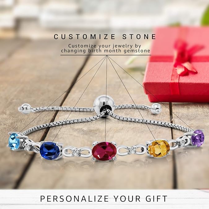 Gem Stone King 925 Sterling Silver Build Your Own Personalized 5 Birthstones and White Lab Grown Diamond Tennis Bracelet For Women Adjustable up to 9 Inches